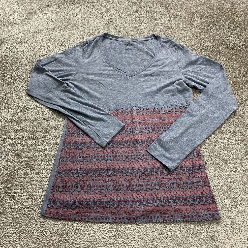 Columbia Top Womens Medium Gray V-Neck Long Sleeve Cotton Casual Logo Ladies
